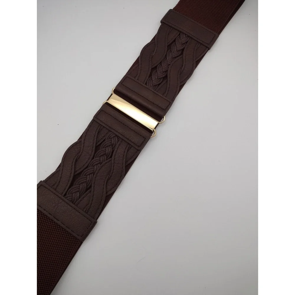 Brown Elastic Braided Waist Belt with Gold Accent